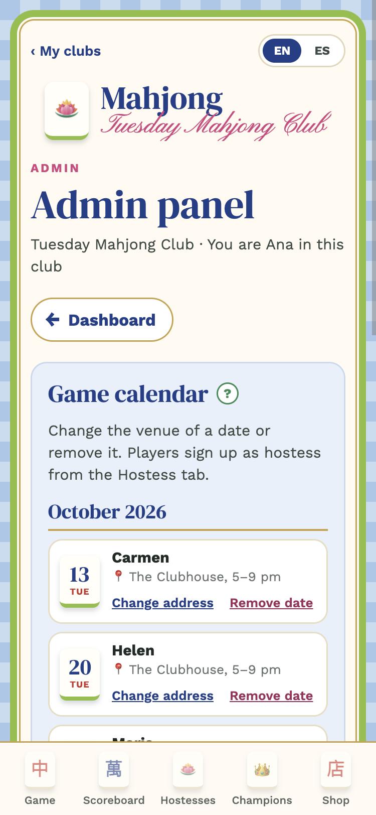 Game calendar in the panel