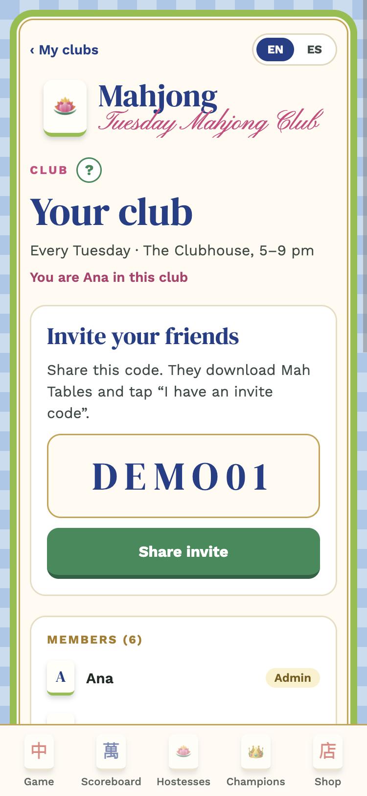Club tab: code and Share invite button