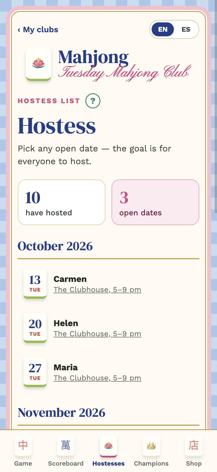 Hostess list by month