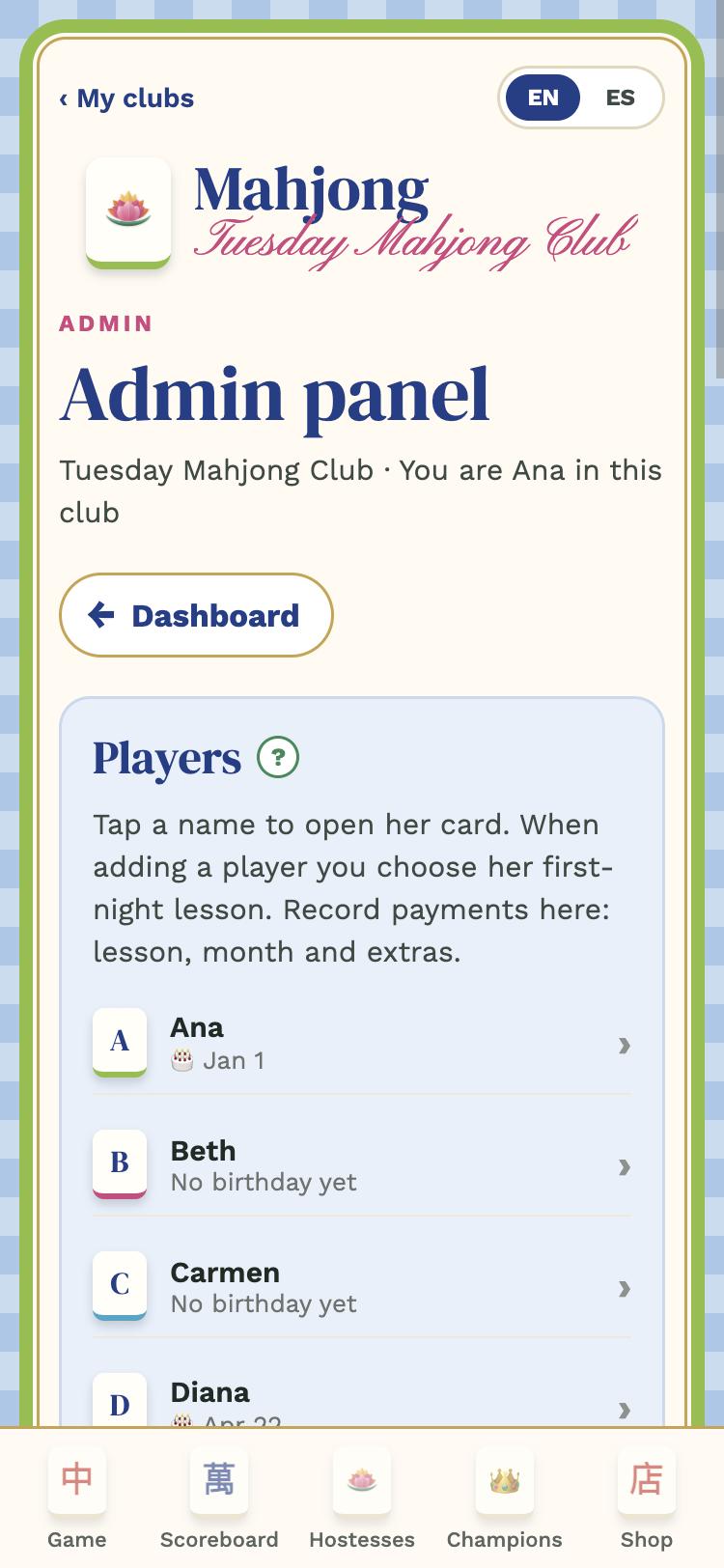 Players section of the panel
