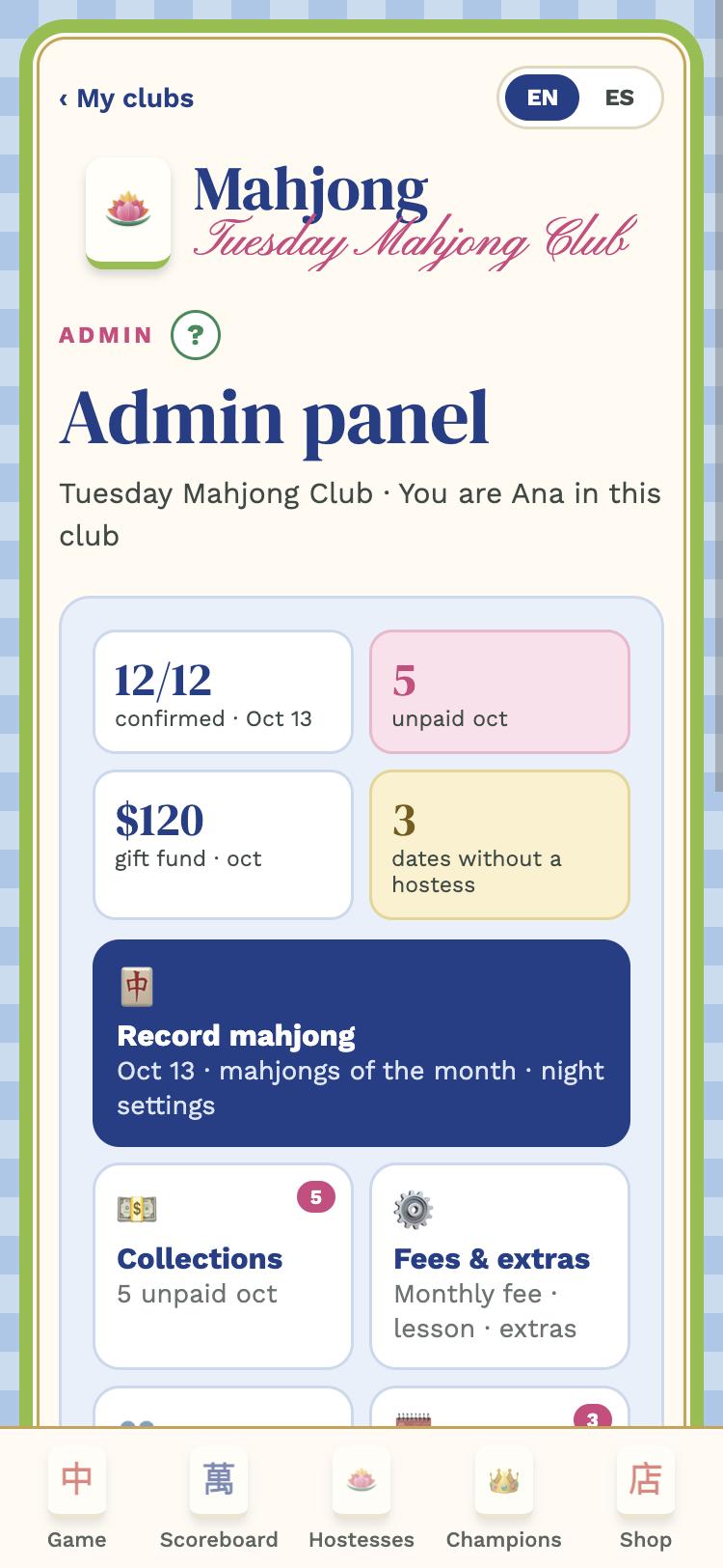 The admin panel tiles