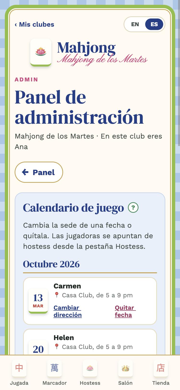 Calendario de juego del panel