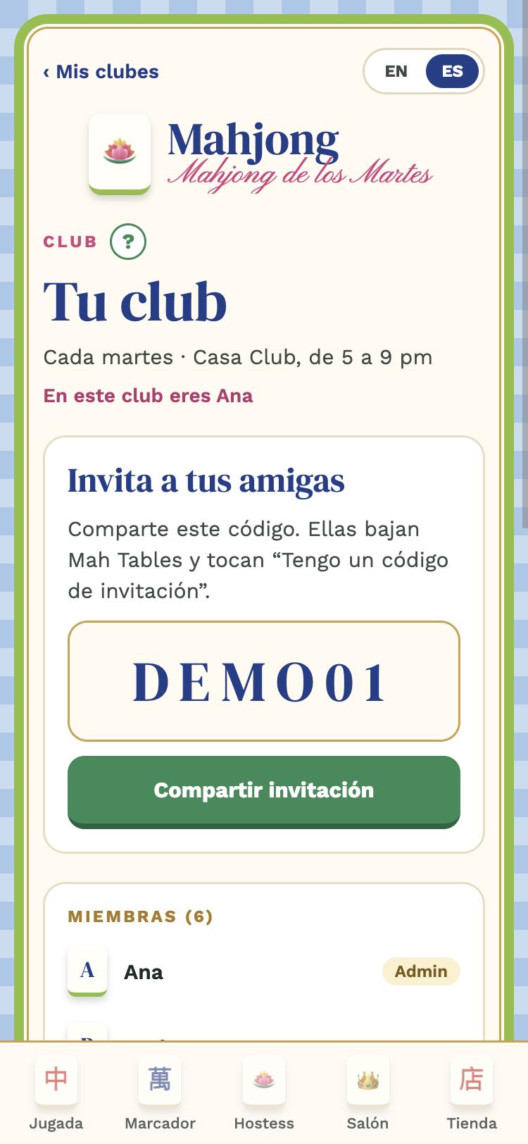 Pestaña Club: código y botón Compartir invitación
