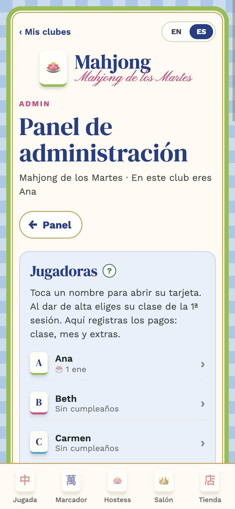 Sección Jugadoras del panel